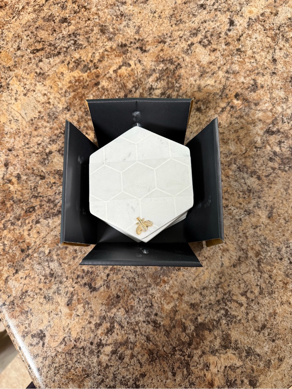 Hexagon White marble coasters with Gold Bee Accent